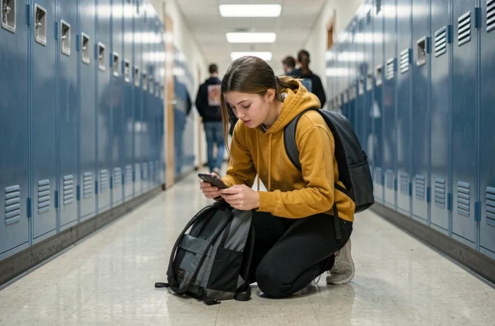 Adolescente recherchant un objet perdu dans un couloir scolaire grâce à une application de localisation RabbitFinder