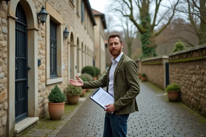 Agent immobilier présentant une maison en pierre à vendre dans une rue de province française