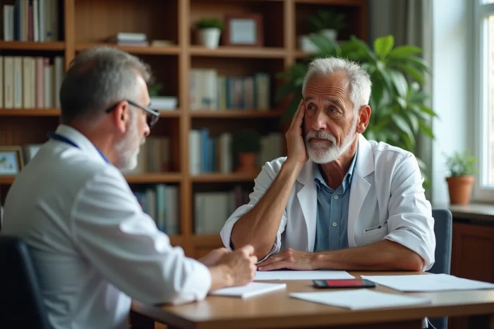 Ancien combattant consultant un médecin pour des séquelles de KO répétés, illustrant l'impact sur l'espérance de vie