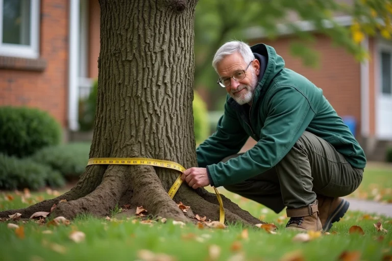Arboriste mesurant la distance entre un arbre et les fondations d'une maison avec un mètre ruban