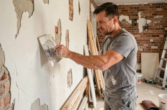 Artisan en train d'enduire un mur intérieur lors de travaux de rénovation dans une maison