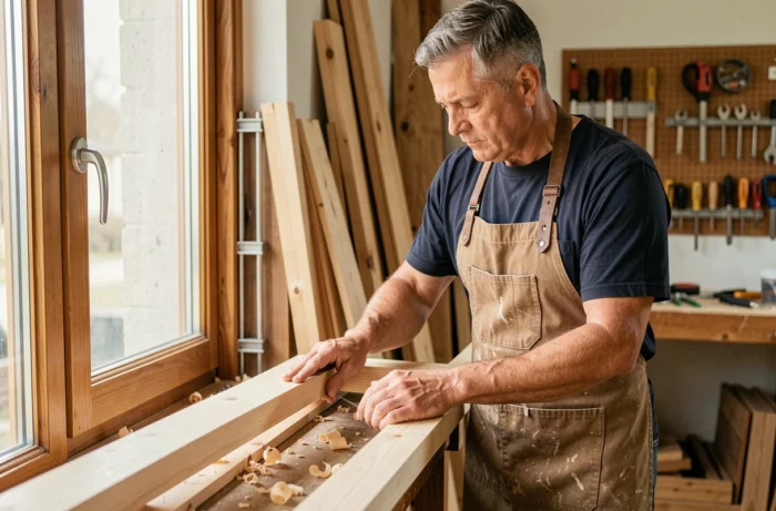 Artisan menuisier mesurant un cadre de fenêtre en bois sur mesure dans un atelier de menuiserie