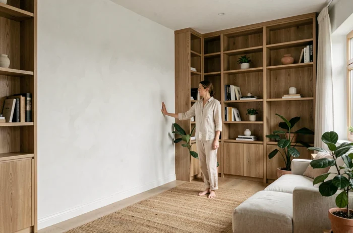 Femme admirant des boiseries et étagères en chêne sur mesure dans un salon moderne rénové