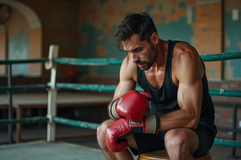 Boxeur sonné assis dans son coin de ring après un KO, expression hébétée illustrant les dangers neurologiques du combat