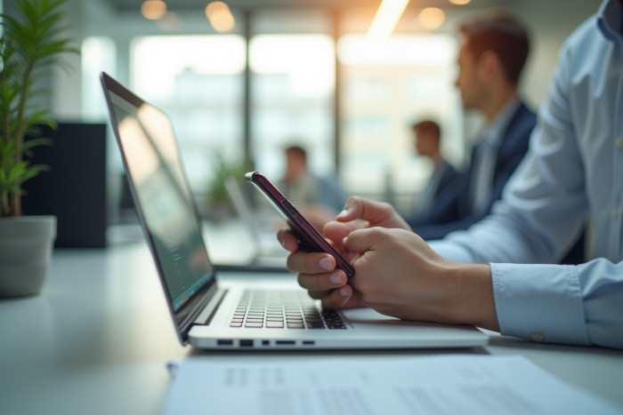 Adultes utilisant un ordinateur et smartphone dans un bureau moderne