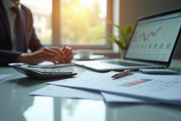 Bureau lumineux avec ordinateur et calculatrice pour la fiche de salaire