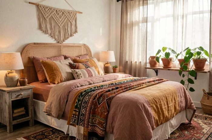 Chambre bohème avec tête de lit en rotin, literie en lin rose et ocre, suspension en macramé et plantes tropicales pour une décoration intérieure chaleureuse