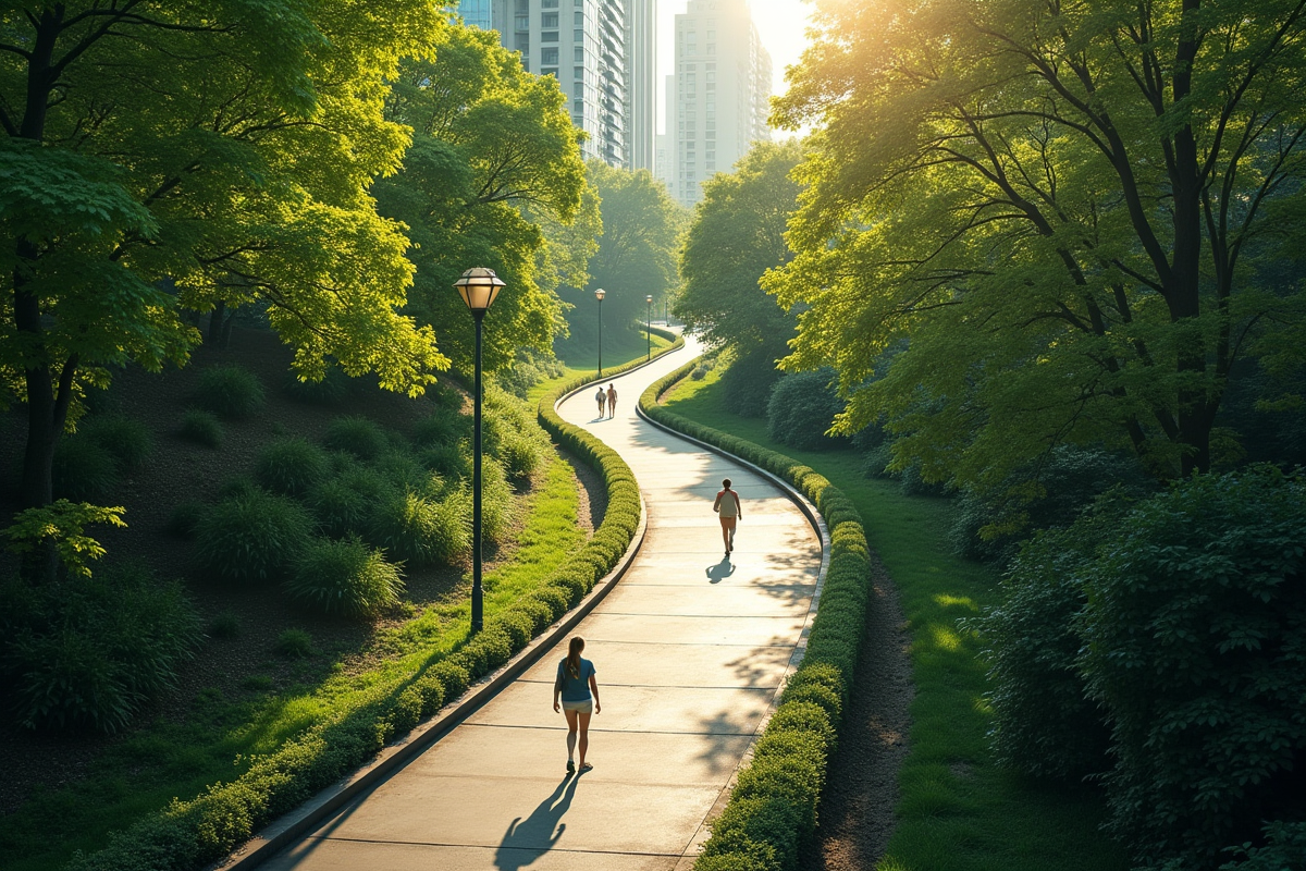 Sentier piéton dans une forêt urbaine en plein jour