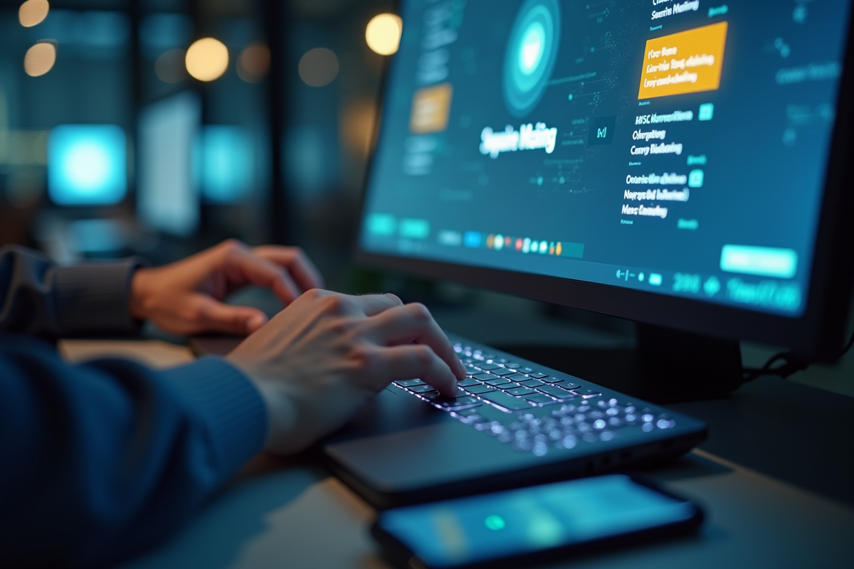 Mains tapant sur un clavier avec interface de messagerie sécurisée