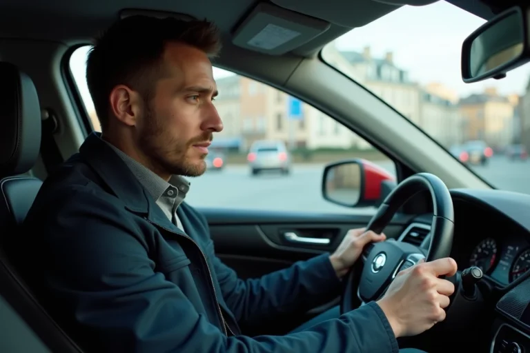 Homme au volant d'une voiture moderne représentant la conduite avec un permis B2 en milieu urbain