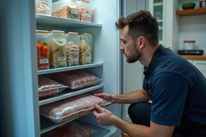 Réfrigérateur bien organisé avec des sachets sous vide FoodSaver V2860 étiquetés pour la conservation des aliments