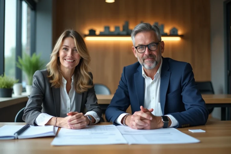 Couple d'architectes en réunion dans un bureau lumineux