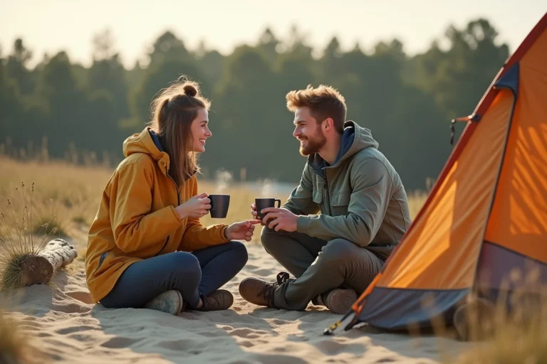 Jeune couple souriant près de leur tente dans les Landes