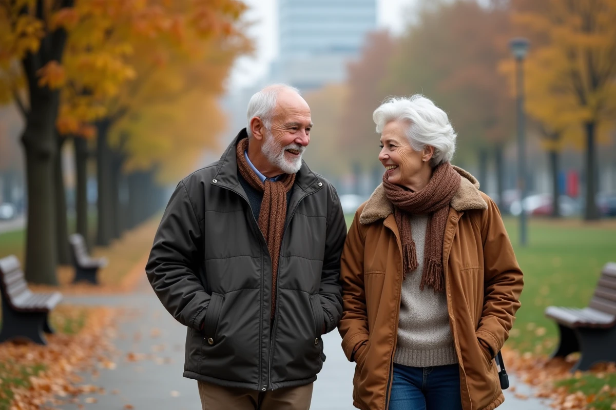 Couple senior marchant dans un parc urbain en automne