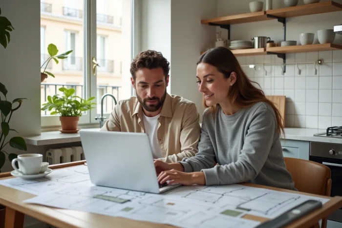 Couple consultant des annonces immobilières en ligne dans un appartement parisien