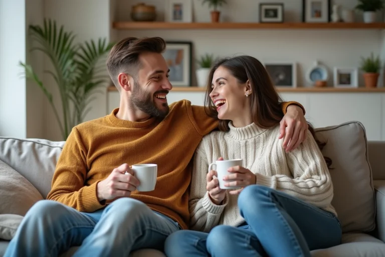 Couple souriant assis sur un canapé dans un salon chaleureux