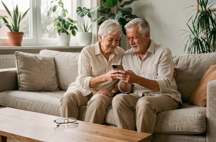 Couple de seniors consultant un smartphone ensemble dans leur salon pour découvrir des services numériques adaptés aux personnes âgées