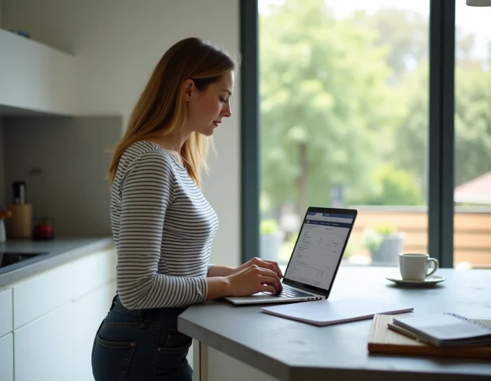 Femme consultant le site des impôts sur un ordinateur portable pour déclarer une terrasse neuve, vue depuis la cuisine avec terrasse en arrière-plan