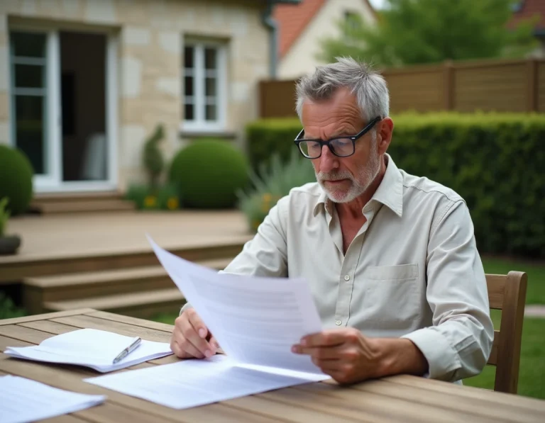 Propriétaire examinant des documents de déclaration fiscale assis sur une terrasse en bois neuve dans un jardin de maison individuelle