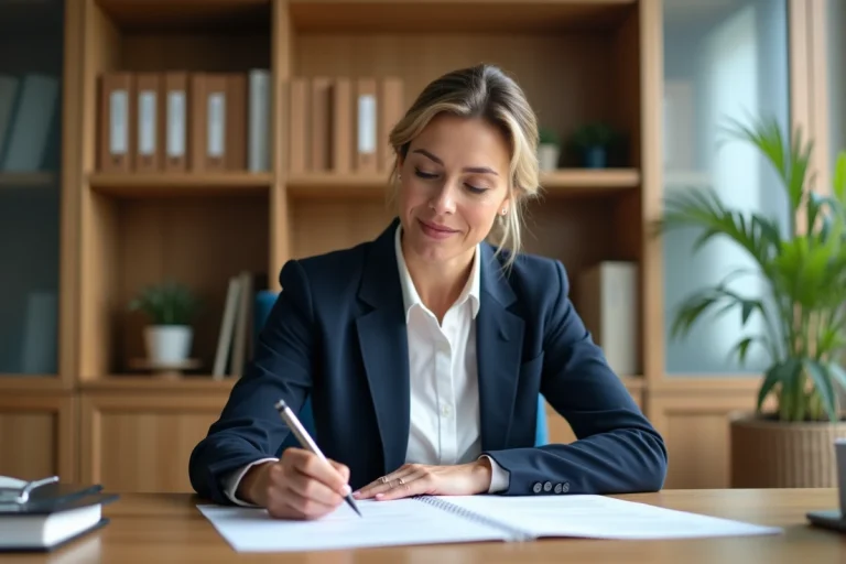 Femme professionnelle examinant des documents immobiliers dans un bureau de notaire en France