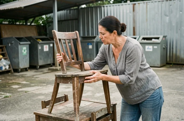 Femme déposant un vieux meuble en bois dans un centre de collecte municipal pour recyclage responsable