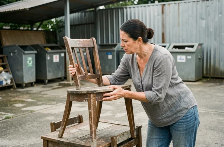 Femme déposant un vieux meuble en bois dans un centre de collecte municipal pour recyclage responsable