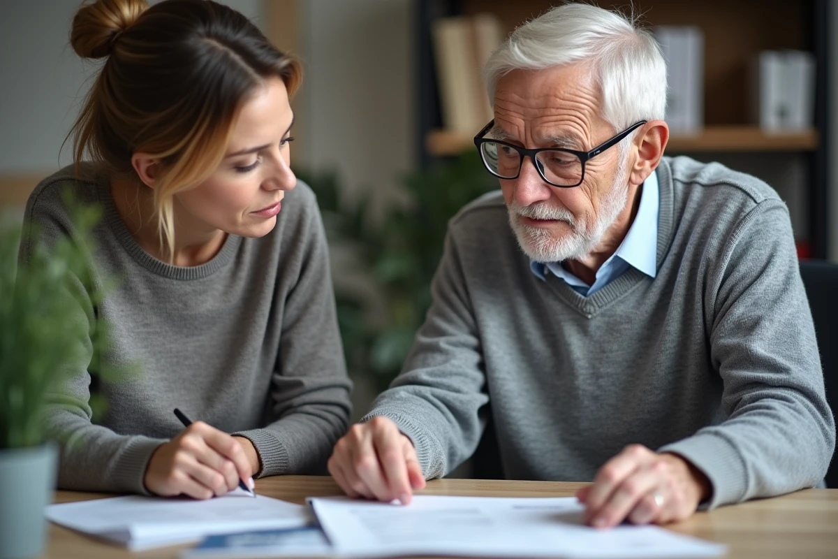 Homme âgé et assistante sociale discutant dans un bureau
