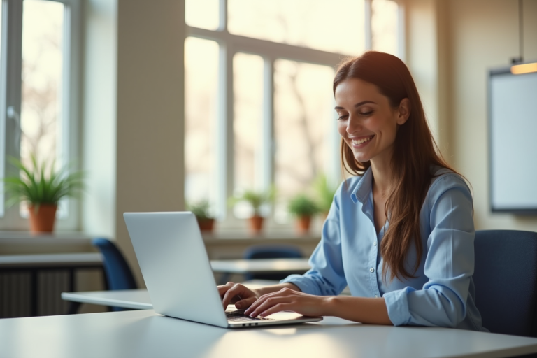 Enseignant souriant utilisant un ordinateur dans une salle lumineuse