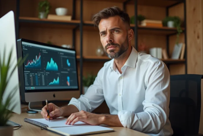 Entrepreneur concentré travaillant sur des tableaux de bord analytiques dans un bureau à domicile moderne