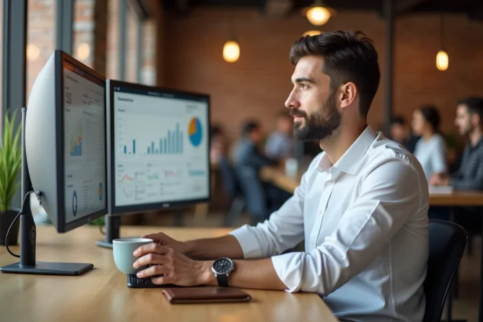 Entrepreneur concentré analysant des tableaux de bord de performance sur deux écrans dans un espace de coworking moderne pour booster son activité professionnelle