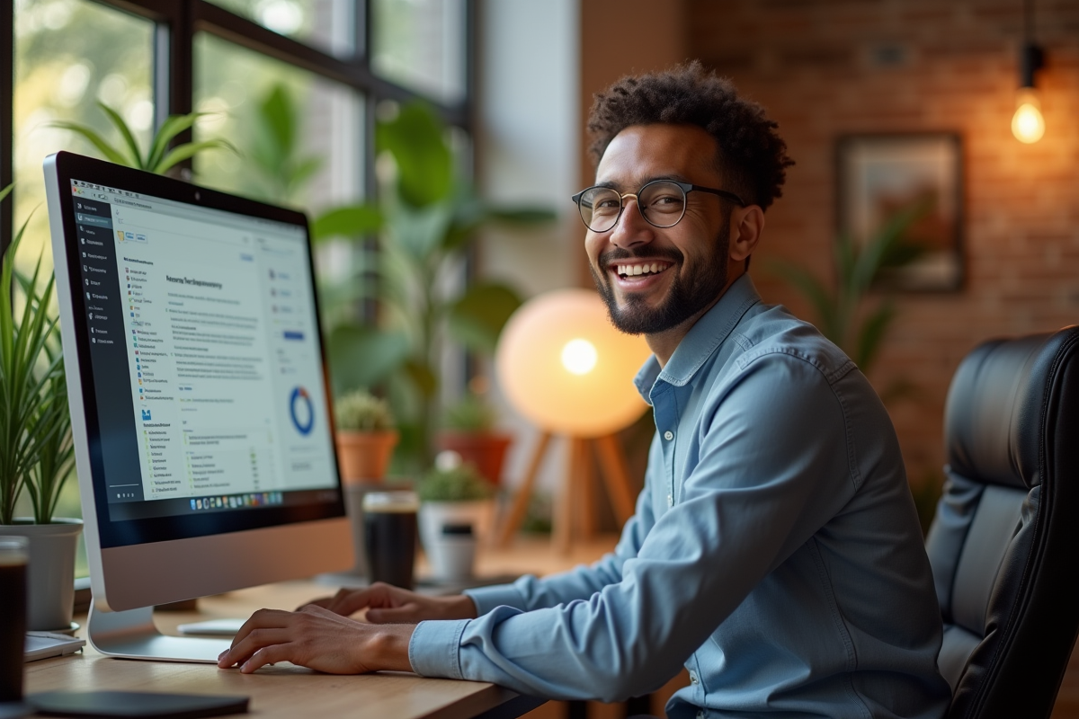 Entrepreneur utilisant un logiciel de productivite dans un espace cosy