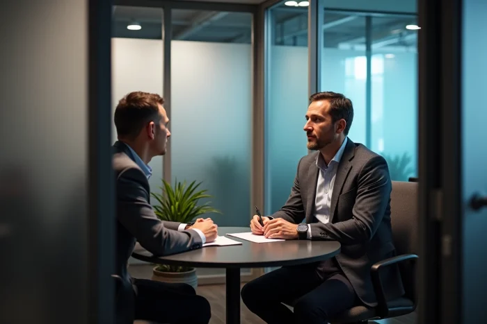 Responsable RH menant un entretien de recrutement dans un espace dédié lors d'un salon professionnel événementiel