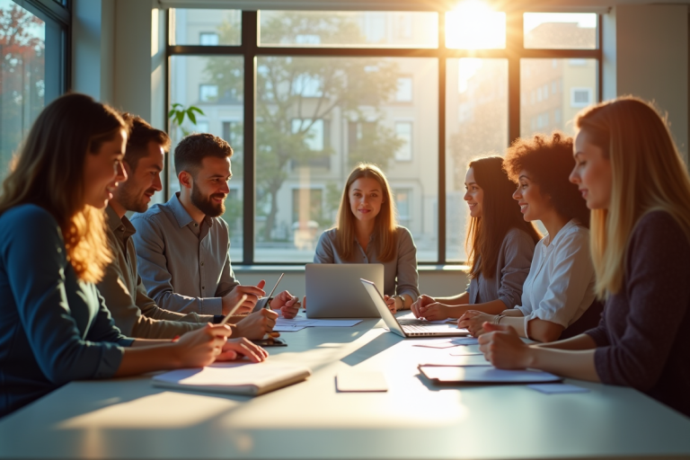 Groupe de professionnels collaborant dans un bureau lumineux
