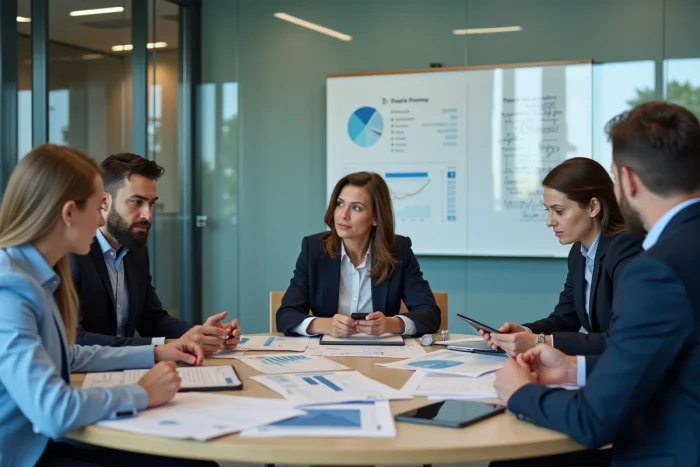 Équipe de professionnels de la finance discutant des tendances d'investissement 2024 en salle de réunion
