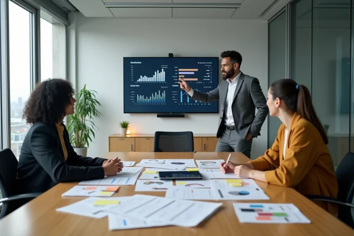 Équipe de professionnels collaborant autour d'une table de réunion avec des outils innovants pour développer leur stratégie d'entreprise
