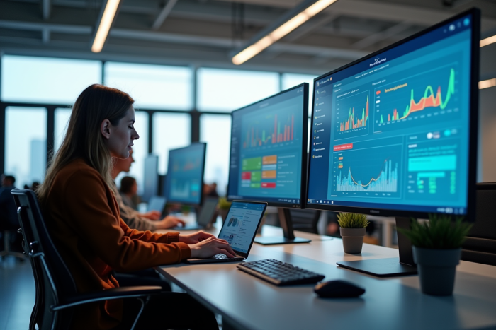 Espace de bureau moderne ouvert avec professionnels collaborant