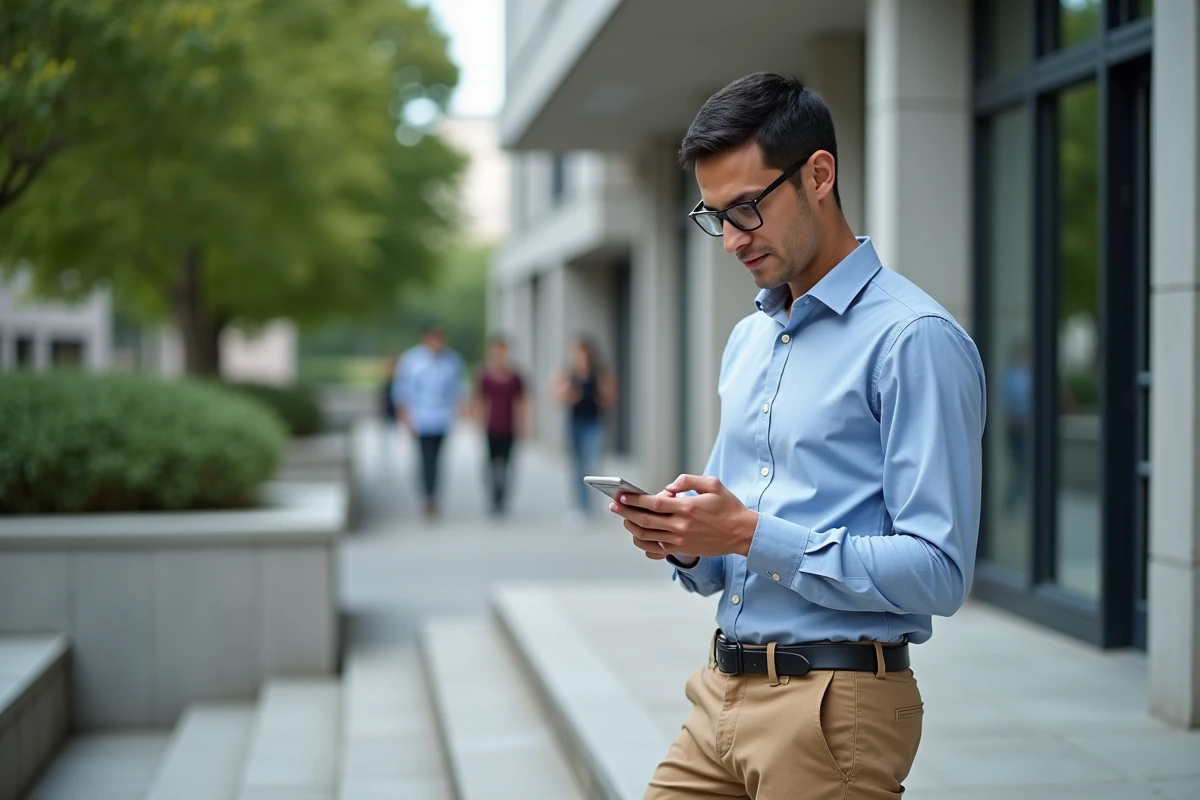 Étudiant étudiant utilisant son smartphone sur le campus