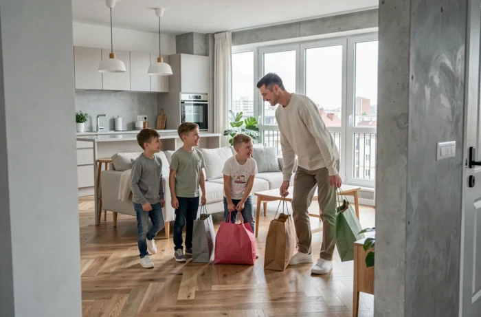 Famille découvrant l'intérieur d'un appartement moderne en location dans une ville