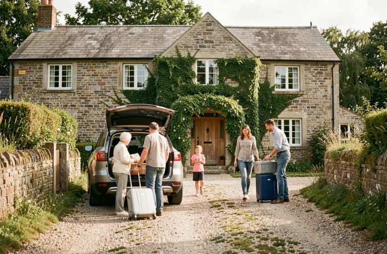 Famille multigénérationnelle arrivant devant une maison de campagne en location pour les vacances