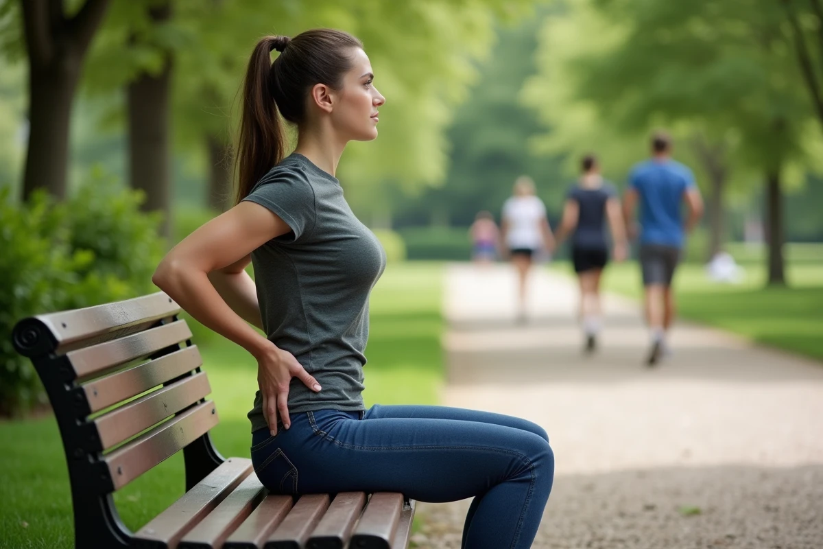 Jeune femme ajustant sa posture dans un parc en plein air