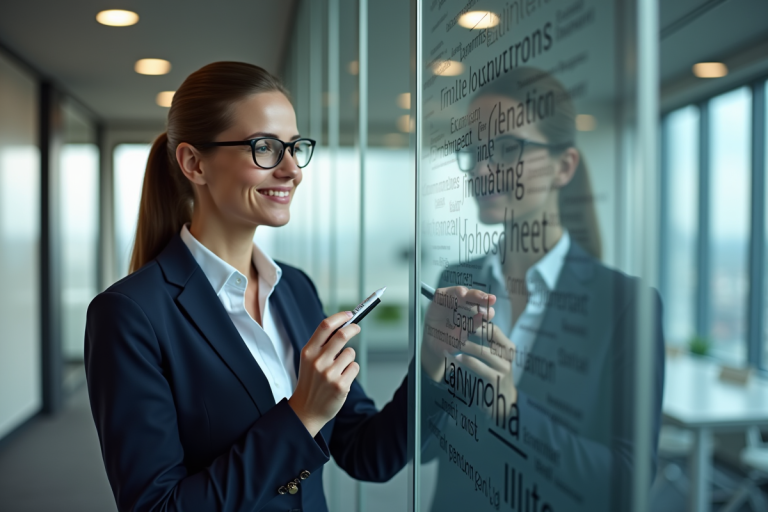 Femme d'affaires écrivant des acronymes sur un mur de bureau moderne
