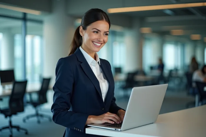Femme d'affaires professionnelle utilisant un ordinateur portable dans un bureau moderne pour optimiser les solutions business de son entreprise
