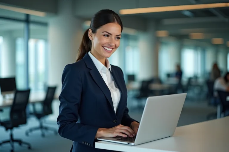 Femme d'affaires professionnelle utilisant un ordinateur portable dans un bureau moderne pour optimiser les solutions business de son entreprise