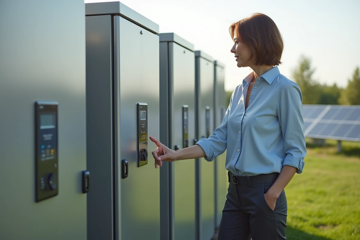 Femme devant un stockage de batteries solaires en extérieur