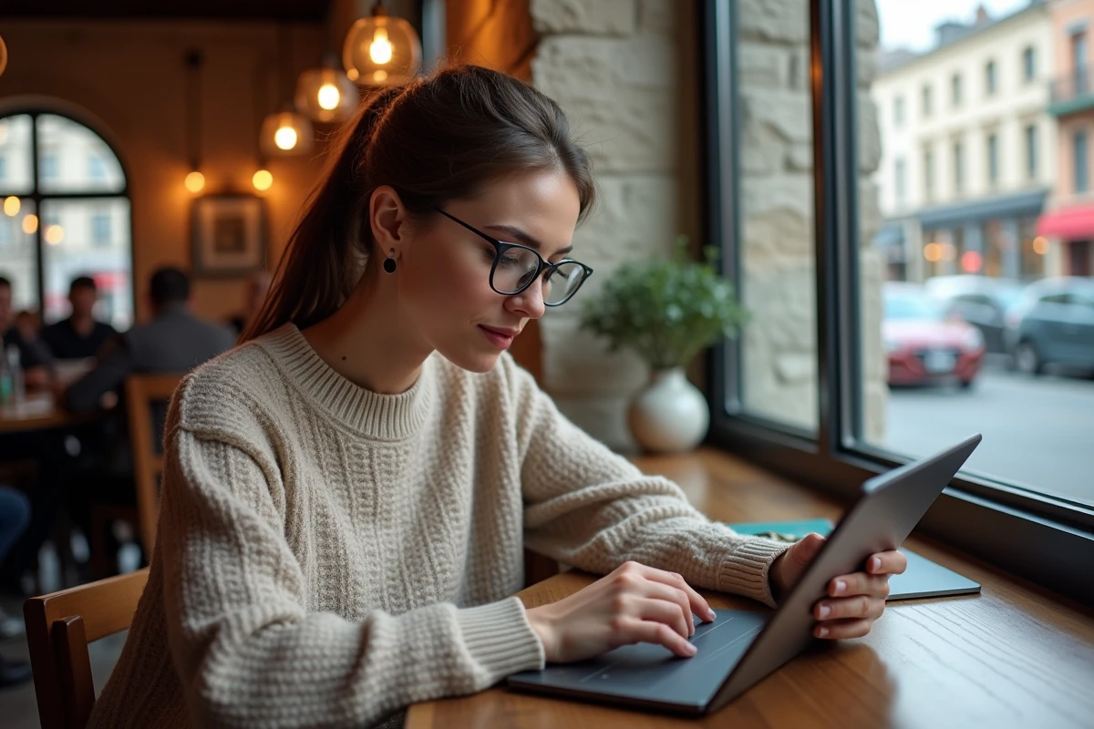 Femme lisant sur une tablette dans un café lumineux