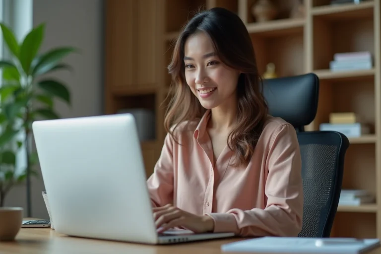 Jeune femme au bureau regardant un site web sur son ordinateur