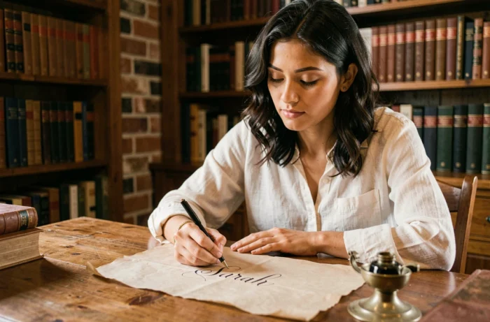 Jeune femme écrivant le prénom Sarah en calligraphie sur du papier parchemin dans un bureau cosy entouré de livres anciens