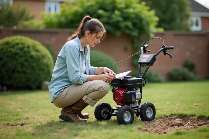 Femme consultant le manuel d'une engazonneuse thermique agenouillée dans un jardin avec une pelouse partiellement semée