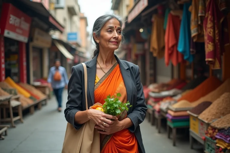 Femme de la diaspora sud-asiatique en tenue mêlant sari et blazer dans un marché urbain multiculturel