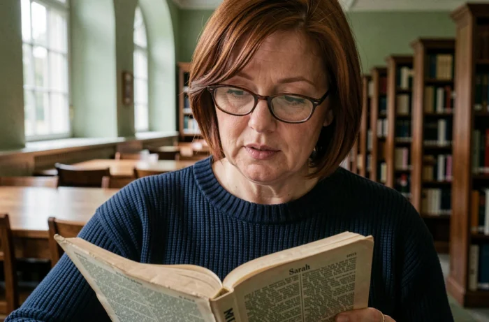 Femme d'âge mûr consultant un dictionnaire étymologique ouvert à la page du prénom Sarah dans une bibliothèque publique